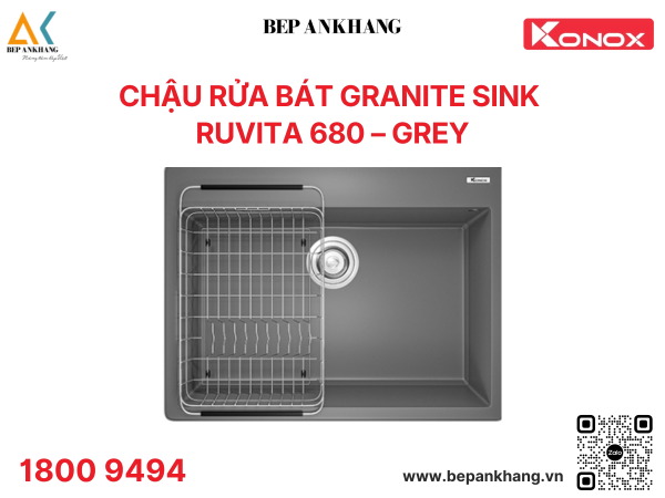 Chậu rửa bát 1 hố Konox Granite Sink Ruvita 680 – Grey
